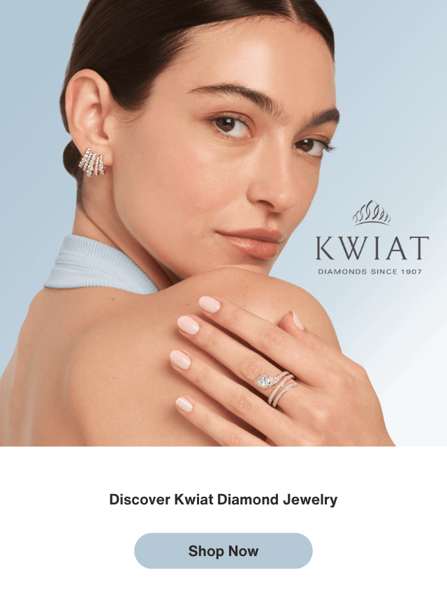 A young woman with dark hair pulled back, wearing a light blue top, looks over her bare shoulder towards the viewer. She is adorned with rose gold diamond cluster earrings and several delicate rose gold diamond rings on her left hand. The background is a soft blue gradient, and the Kwiat Diamonds logo is in the top right.